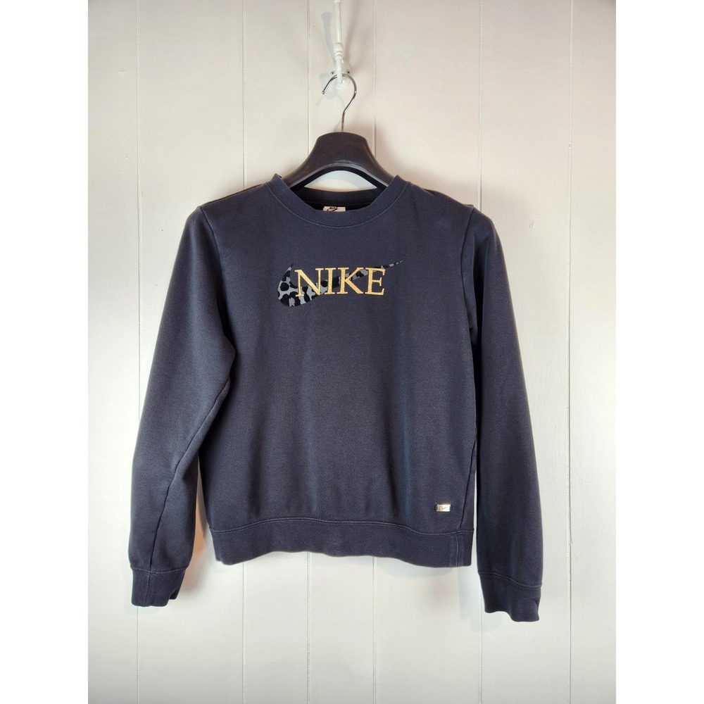 Nike Womens Crewneck Sweatshirt Black Leopard Print Gold Logo Pullover XS